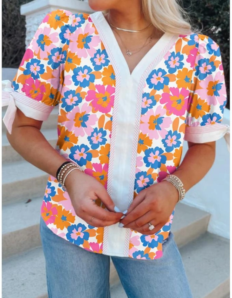 White Floral Colorblock Striped Edge V Neck Knotted Short Sleeve Blouse