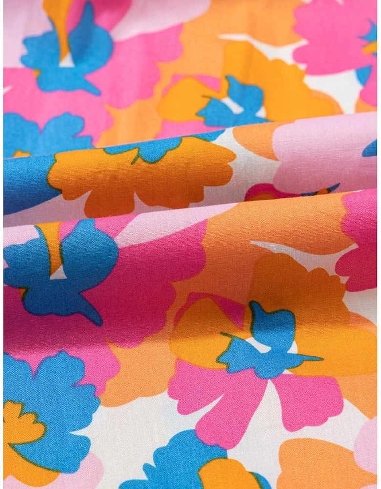 White Floral Colorblock Striped Edge V Neck Knotted Short Sleeve Blouse