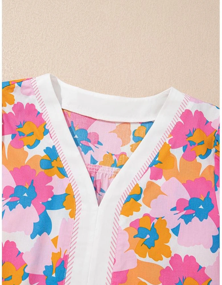 White Floral Colorblock Striped Edge V Neck Knotted Short Sleeve Blouse