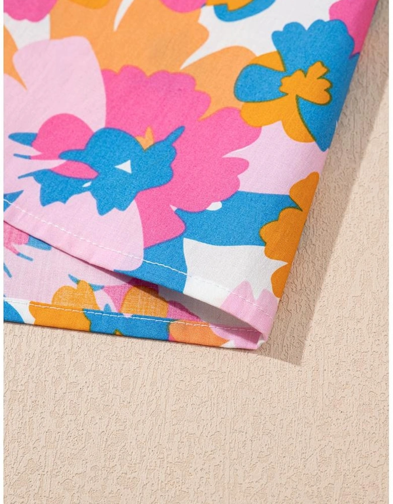 White Floral Colorblock Striped Edge V Neck Knotted Short Sleeve Blouse