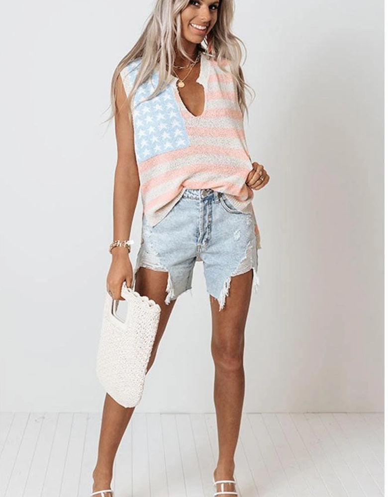 Beige USA Flag Notched Neckline Loose Sweater Vest