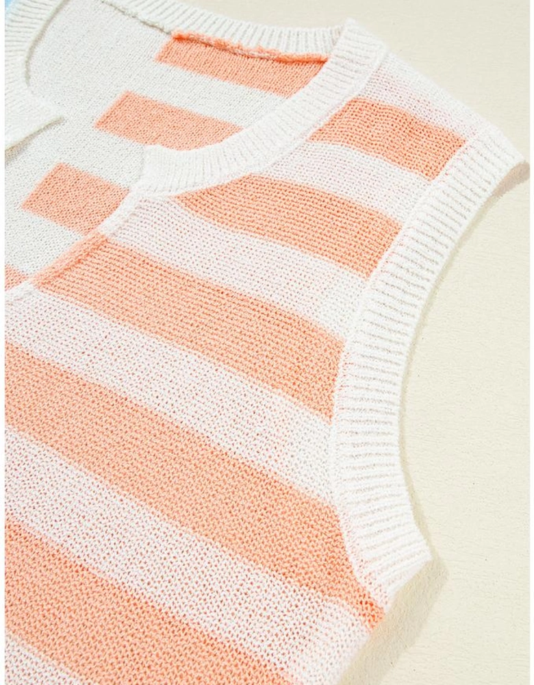 Beige USA Flag Notched Neckline Loose Sweater Vest