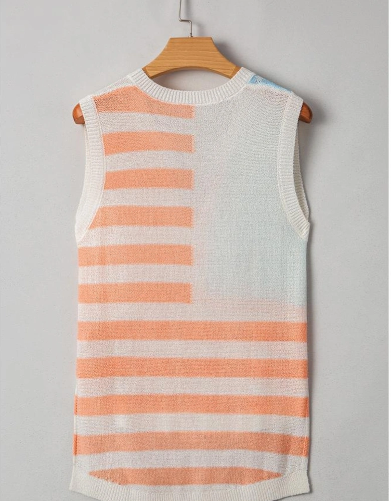 Beige USA Flag Notched Neckline Loose Sweater Vest