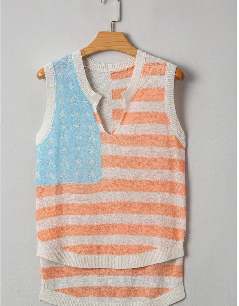 Beige USA Flag Notched Neckline Loose Sweater Vest
