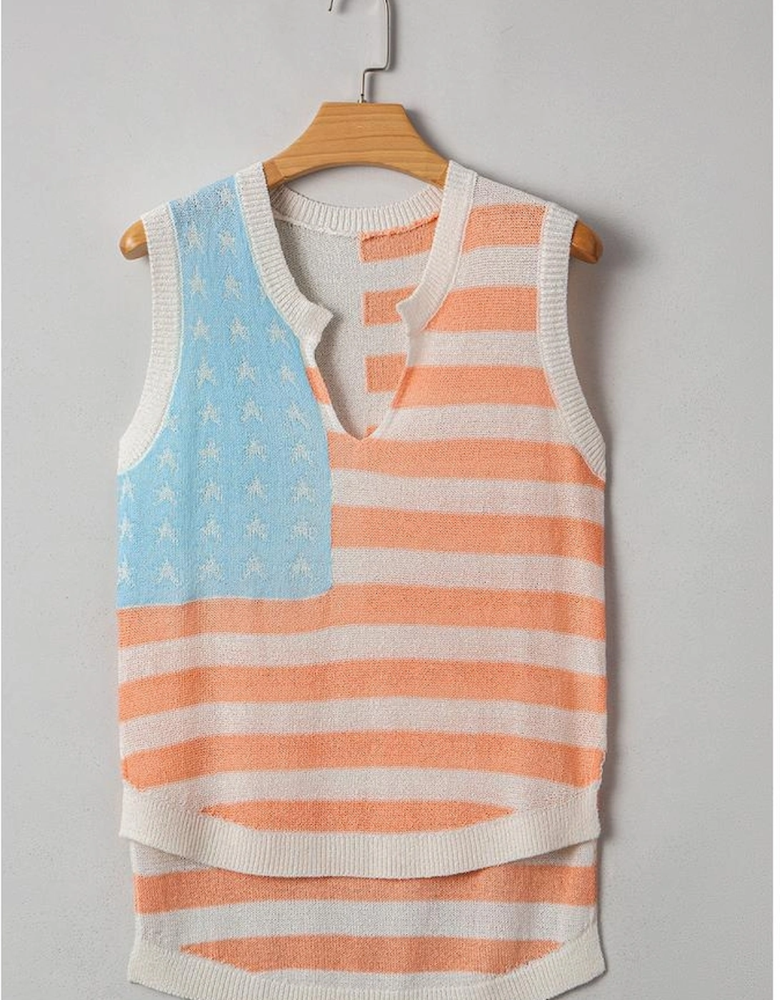 Beige USA Flag Notched Neckline Loose Sweater Vest