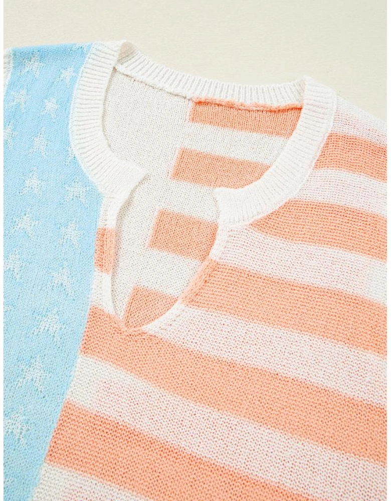 Beige USA Flag Notched Neckline Loose Sweater Vest