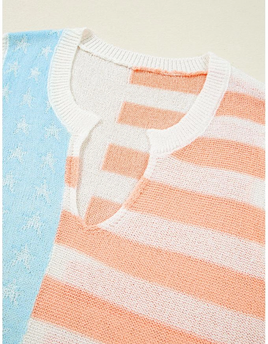 Beige USA Flag Notched Neckline Loose Sweater Vest