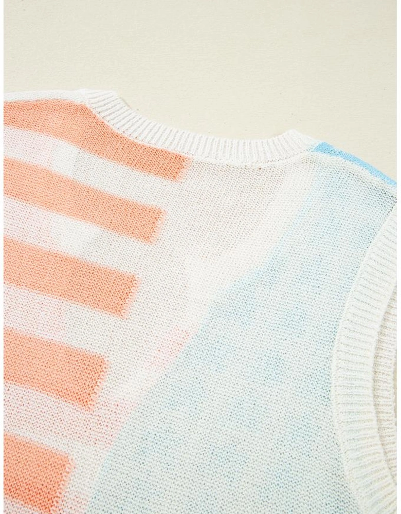 Beige USA Flag Notched Neckline Loose Sweater Vest