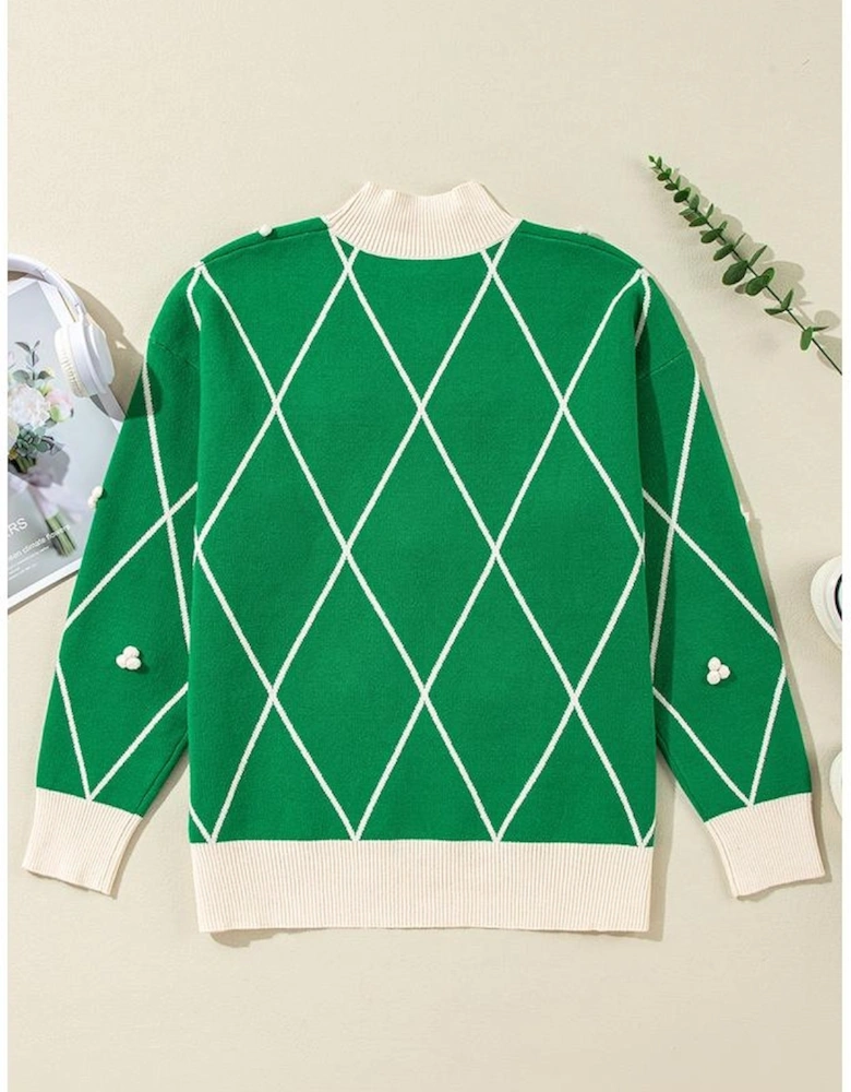Dark Green Diamond Pattern Pom Accents Contrast Trim High Neck Sweater