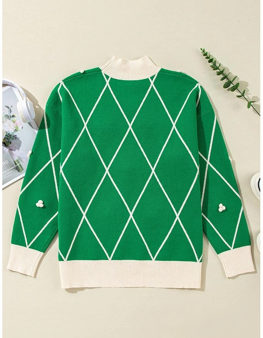 Dark Green Diamond Pattern Pom Accents Contrast Trim High Neck Sweater
