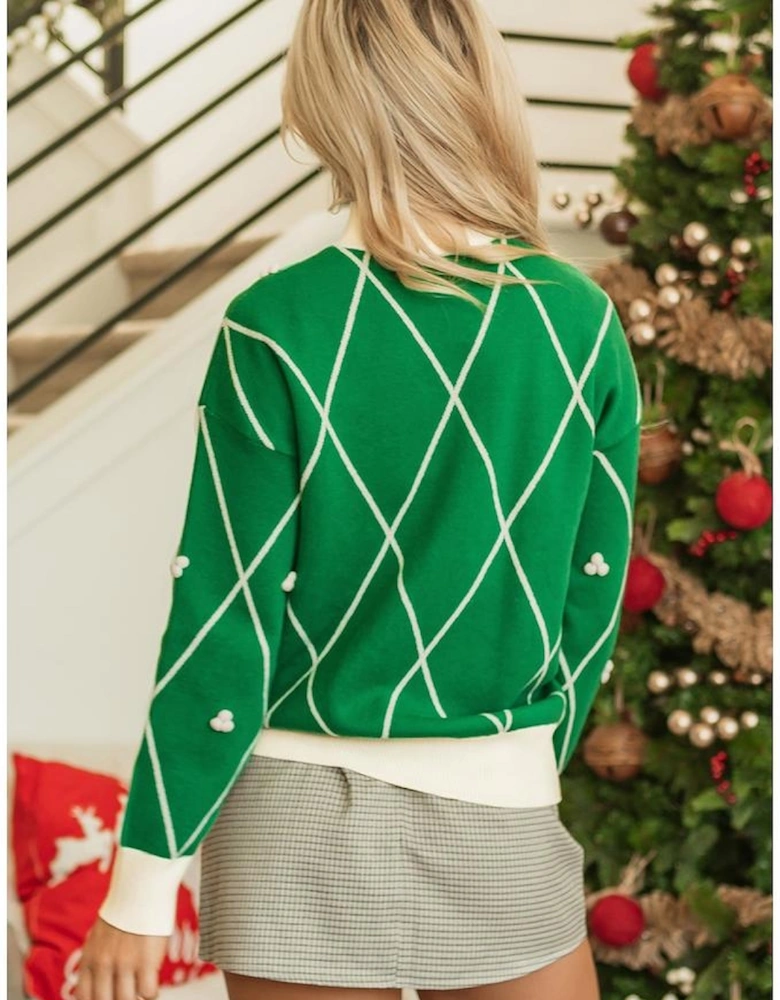 Dark Green Diamond Pattern Pom Accents Contrast Trim High Neck Sweater