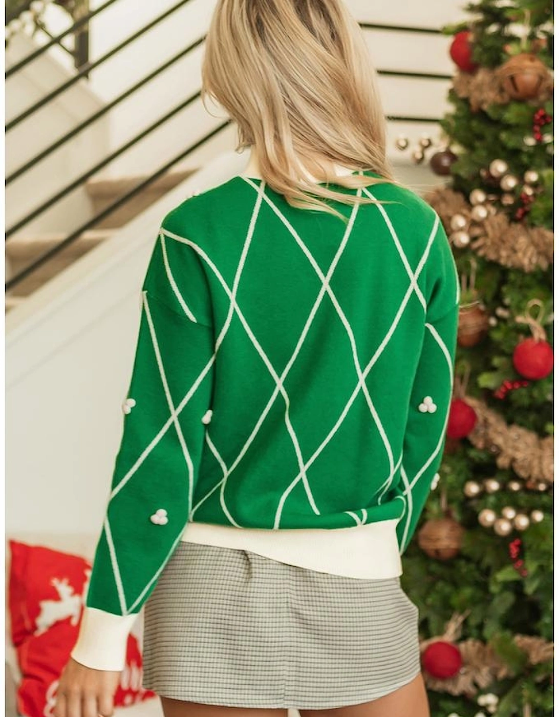 Dark Green Diamond Pattern Pom Accents Contrast Trim High Neck Sweater