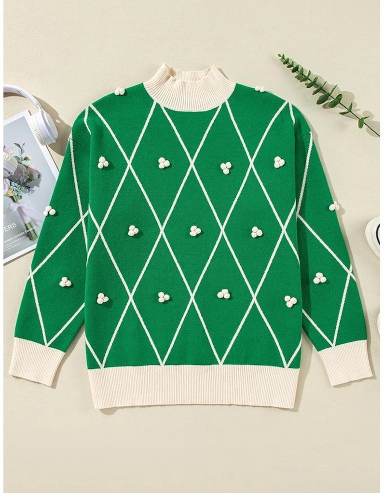 Dark Green Diamond Pattern Pom Accents Contrast Trim High Neck Sweater