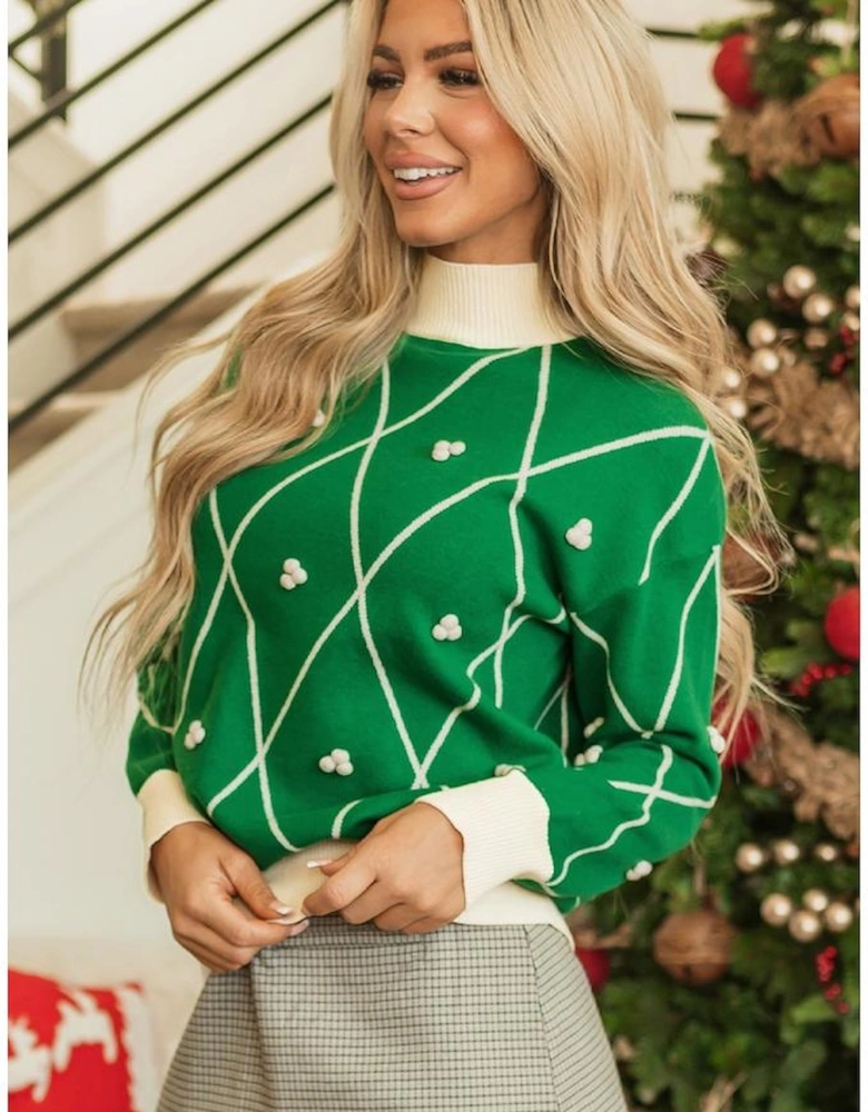 Dark Green Diamond Pattern Pom Accents Contrast Trim High Neck Sweater