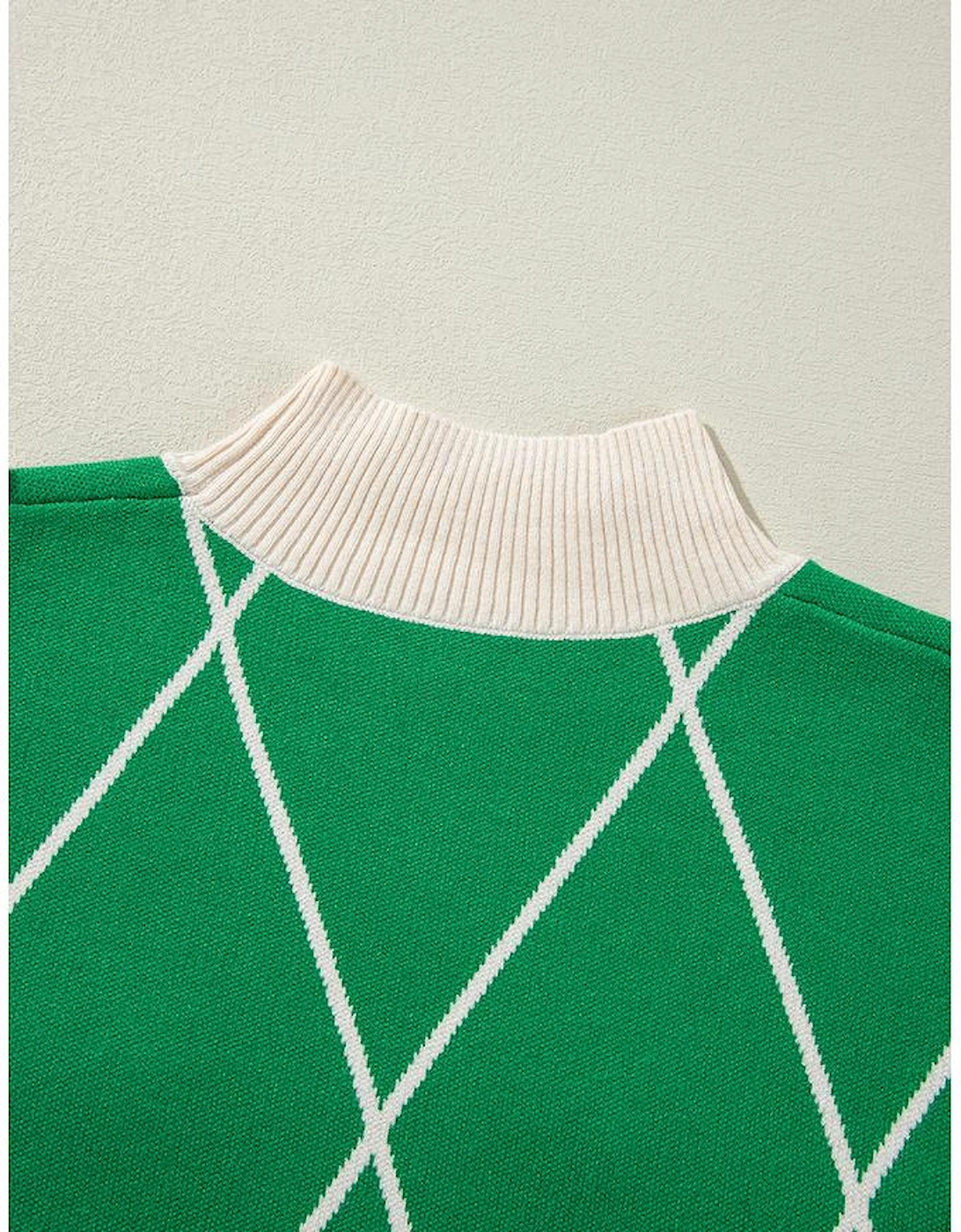 Dark Green Diamond Pattern Pom Accents Contrast Trim High Neck Sweater