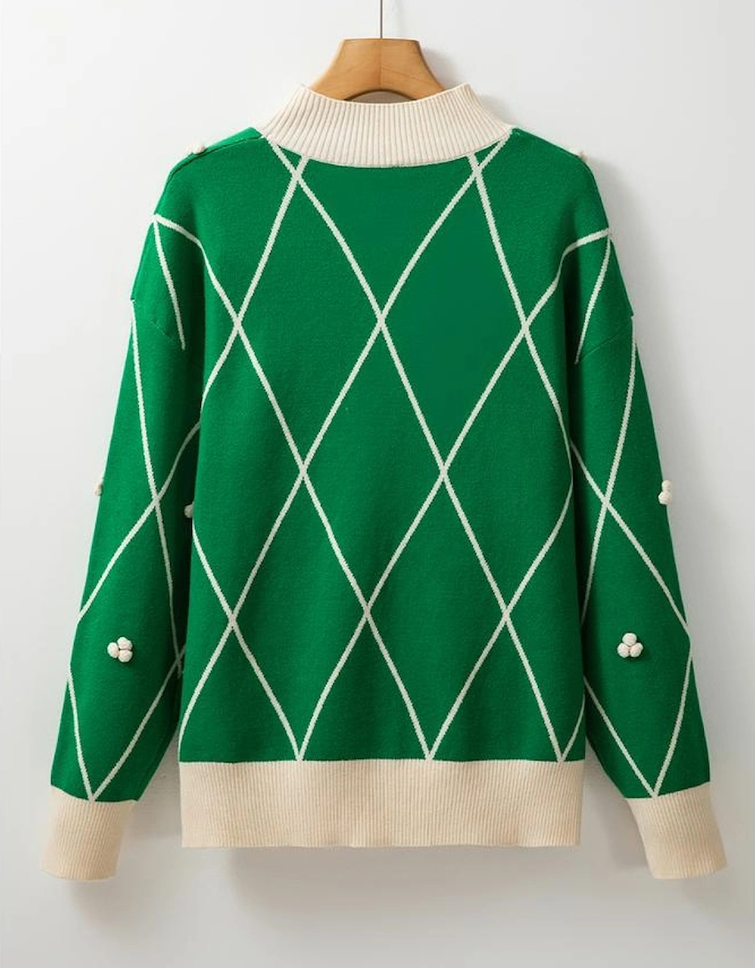Dark Green Diamond Pattern Pom Accents Contrast Trim High Neck Sweater