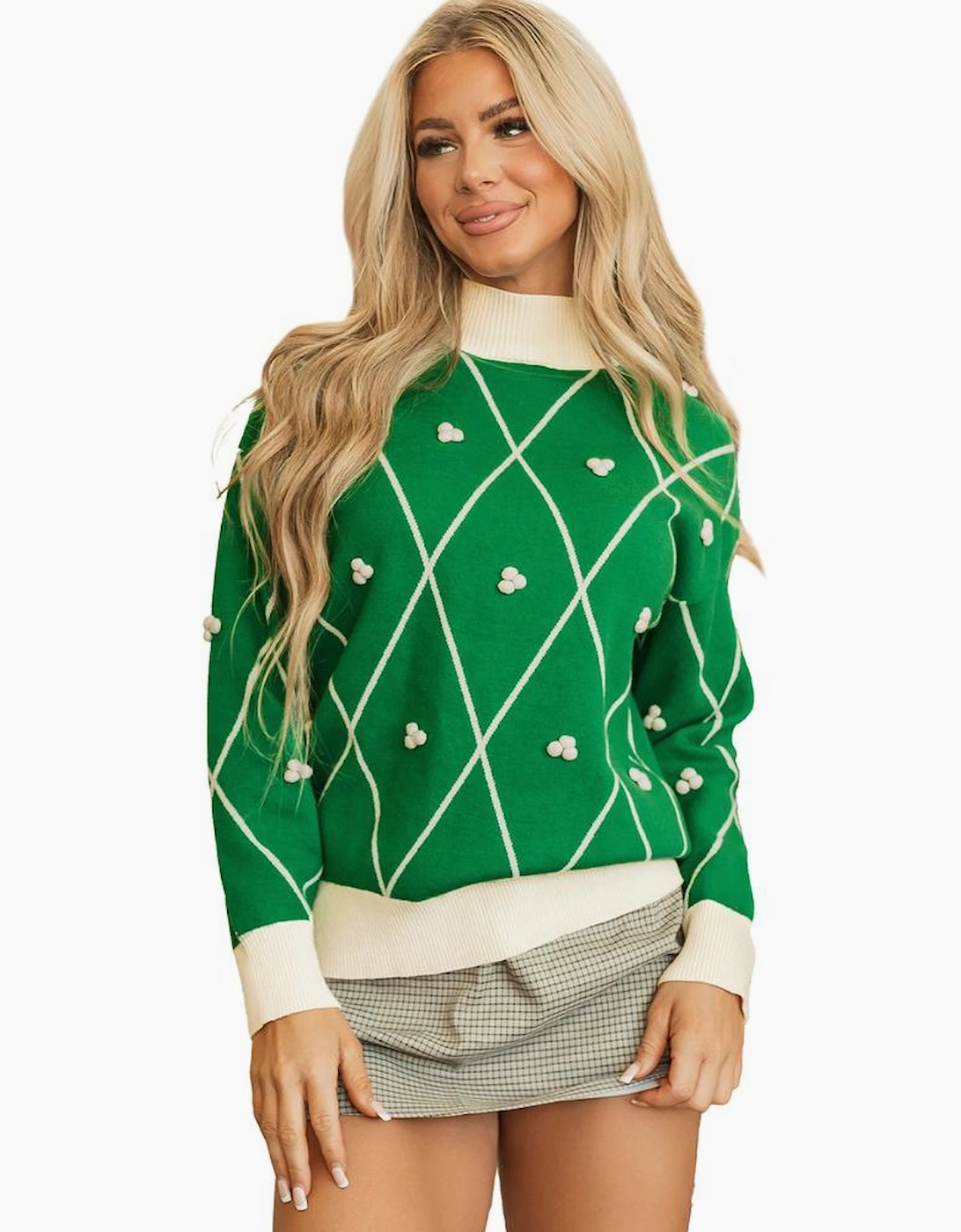 Dark Green Diamond Pattern Pom Accents Contrast Trim High Neck Sweater