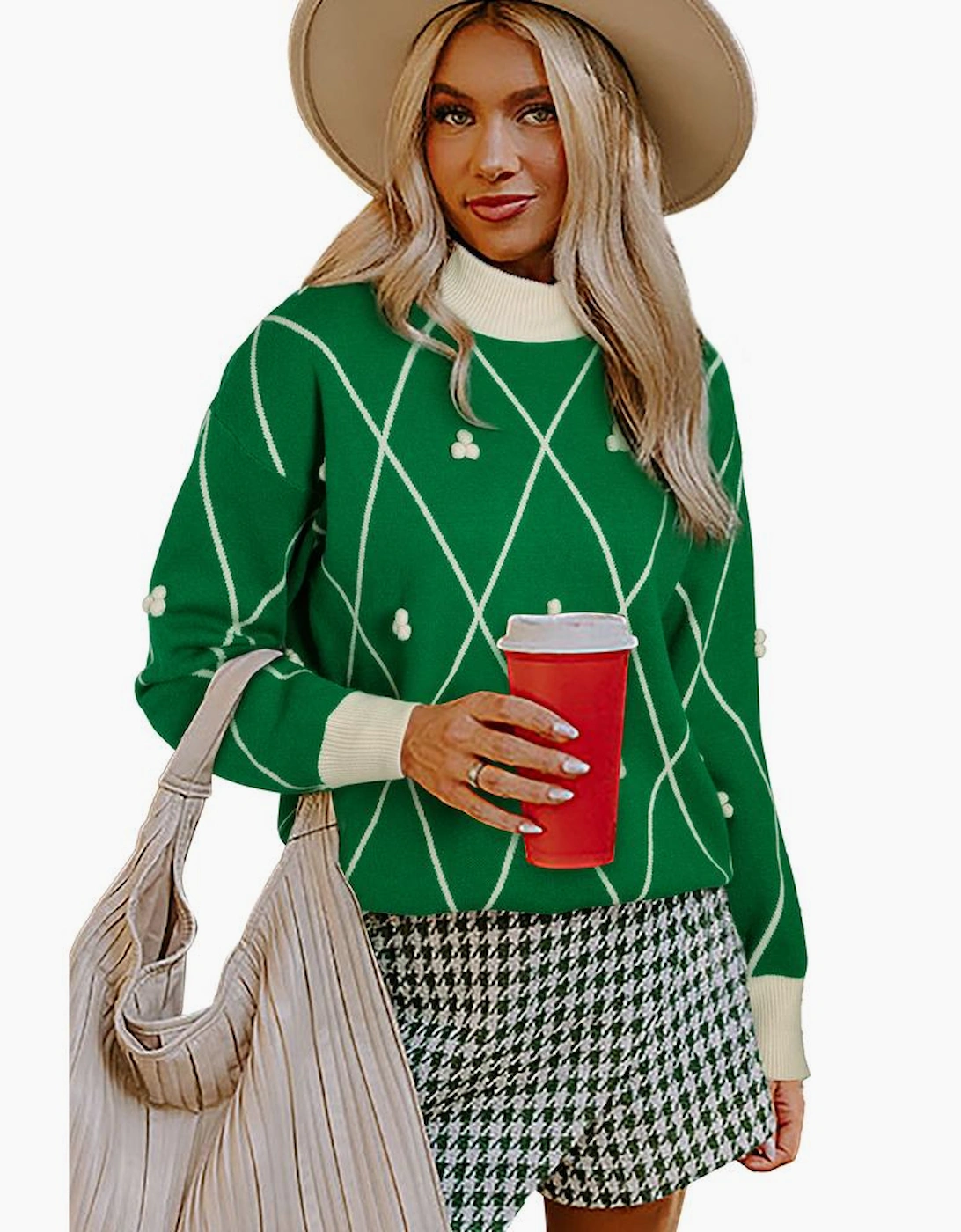 Dark Green Diamond Pattern Pom Accents Contrast Trim High Neck Sweater