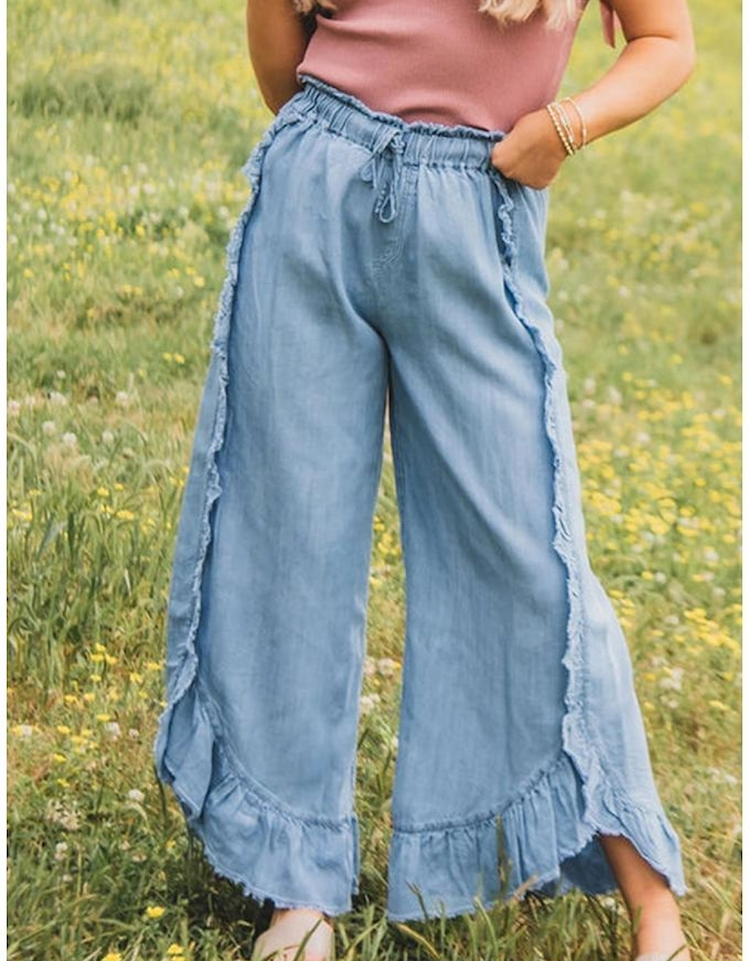 Myosotis Light Wash Raw Hem Ruffled Wide Leg Jeans