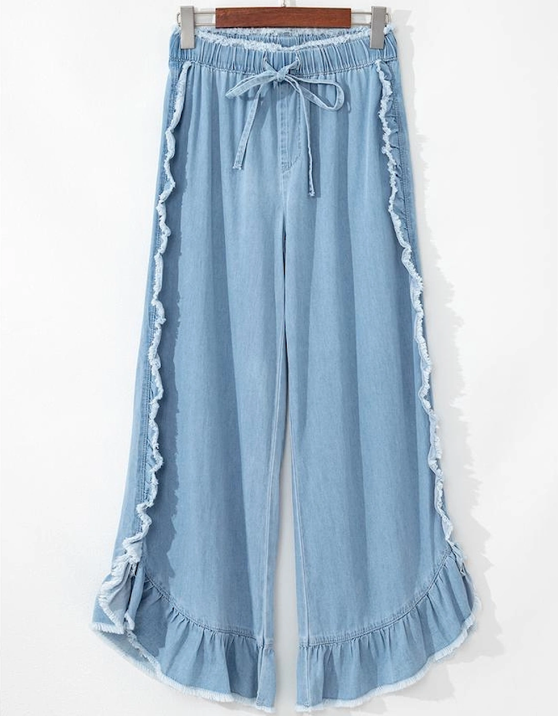 Myosotis Light Wash Raw Hem Ruffled Wide Leg Jeans