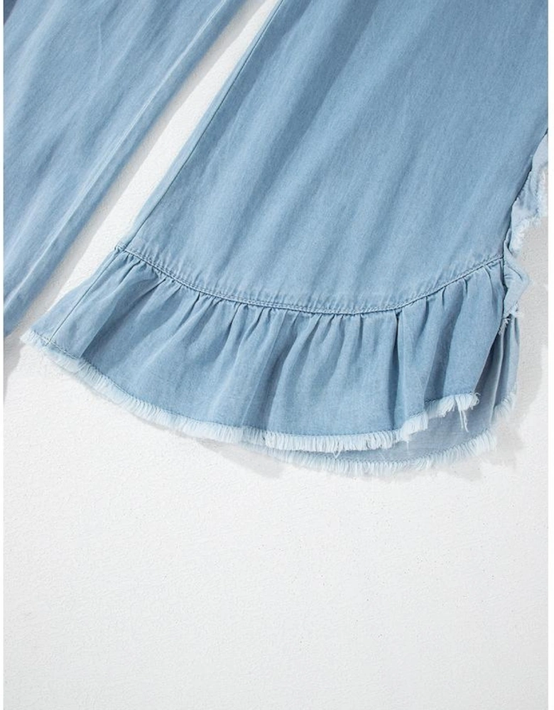 Myosotis Light Wash Raw Hem Ruffled Wide Leg Jeans