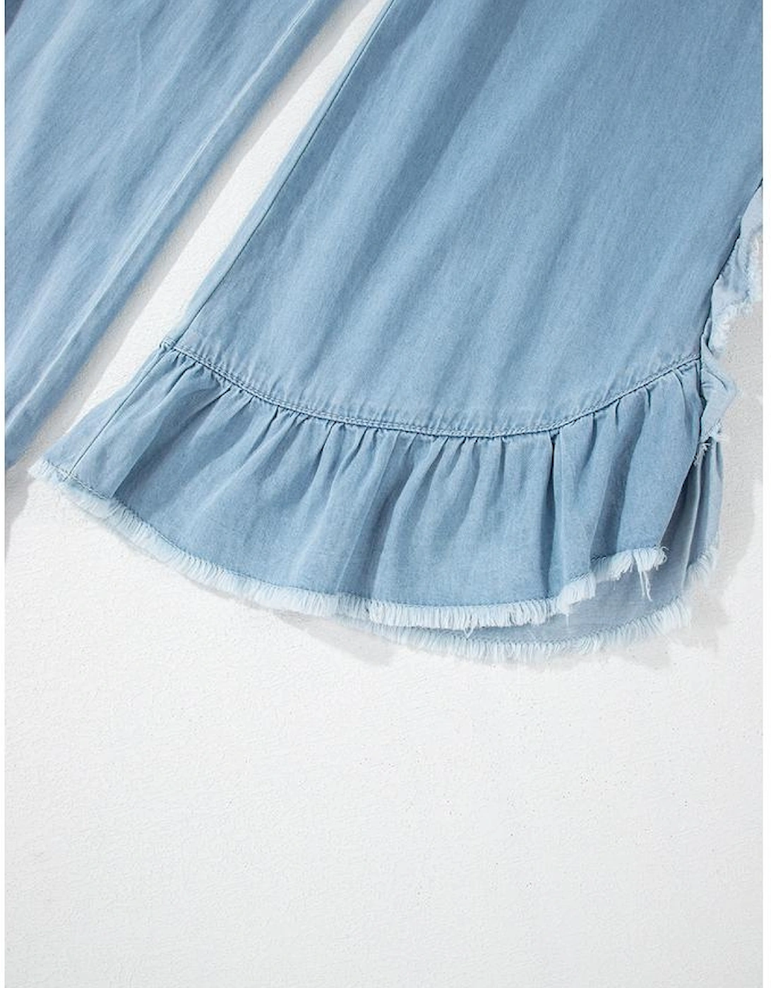 Myosotis Light Wash Raw Hem Ruffled Wide Leg Jeans