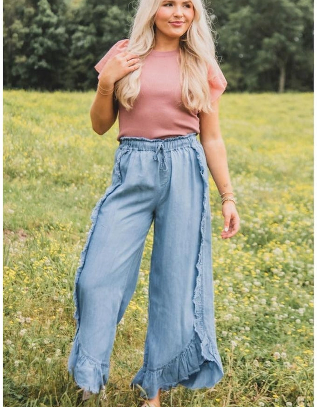 Myosotis Light Wash Raw Hem Ruffled Wide Leg Jeans