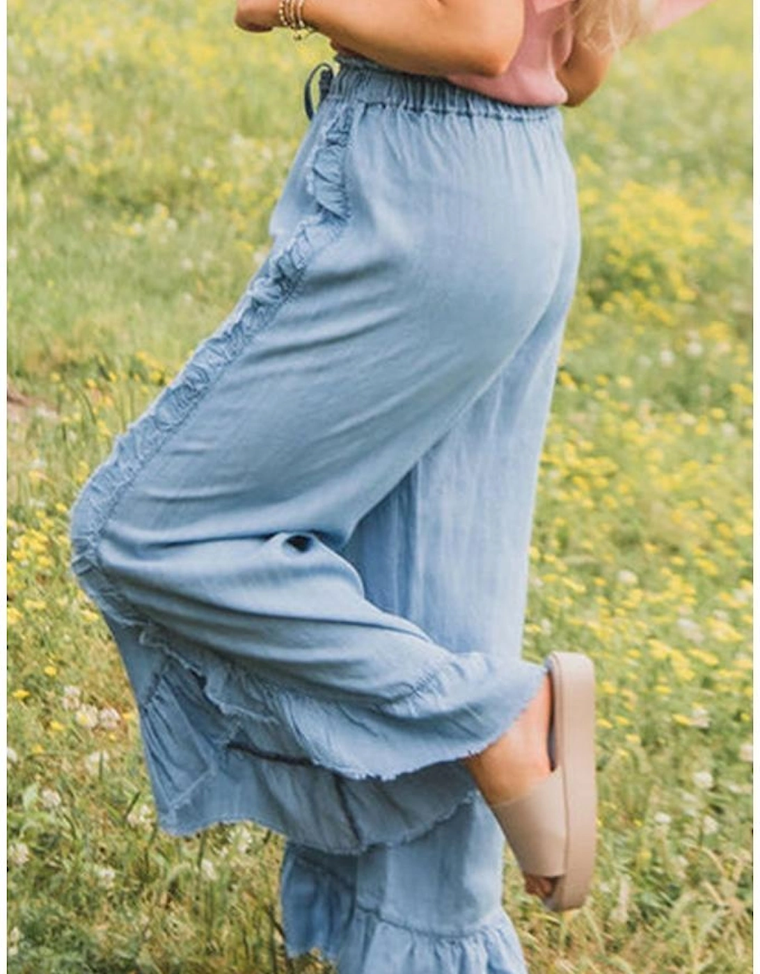 Myosotis Light Wash Raw Hem Ruffled Wide Leg Jeans