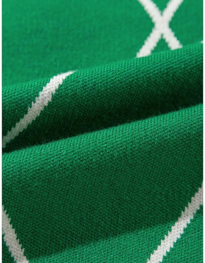 Dark Green Diamond Pattern Pom Accents Contrast Trim High Neck Sweater