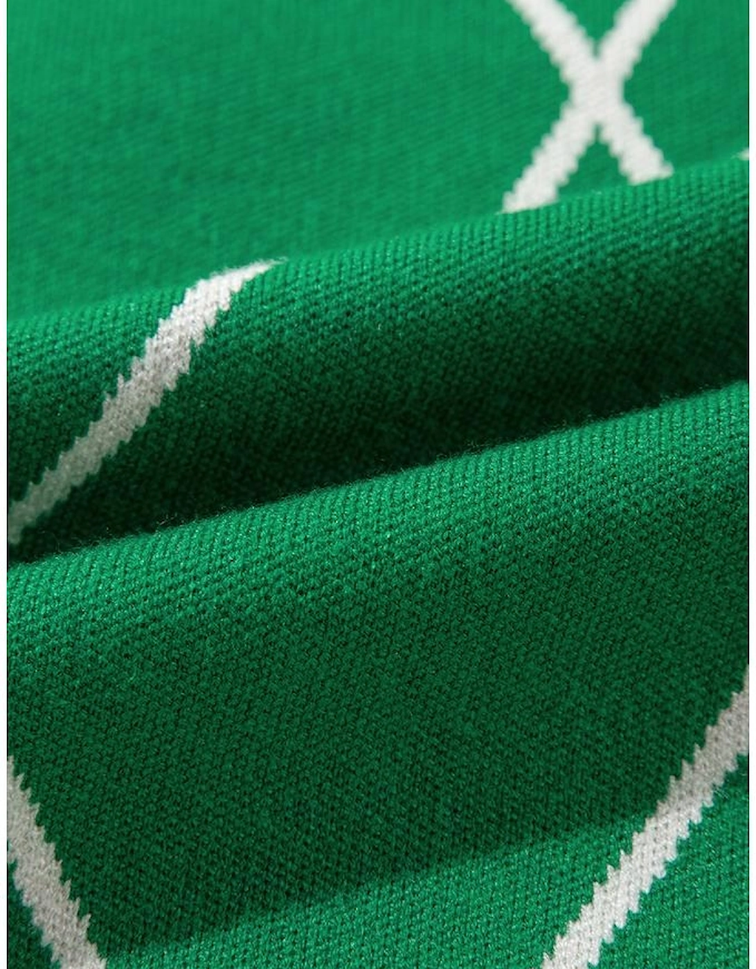 Dark Green Diamond Pattern Pom Accents Contrast Trim High Neck Sweater