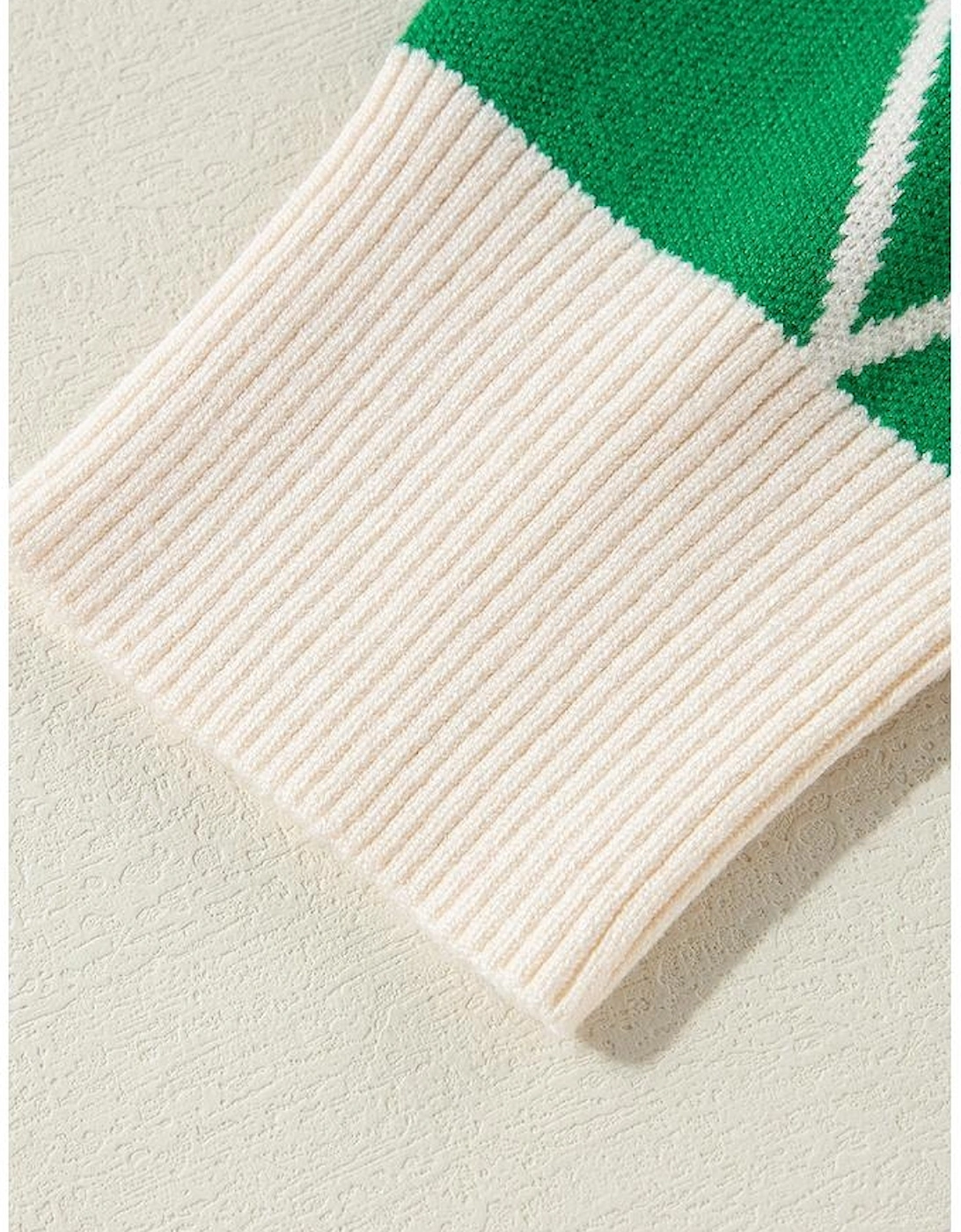 Dark Green Diamond Pattern Pom Accents Contrast Trim High Neck Sweater