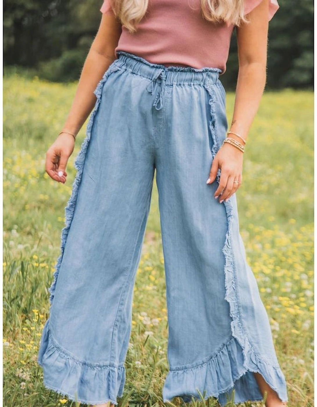 Myosotis Light Wash Raw Hem Ruffled Wide Leg Jeans, 12 of 11