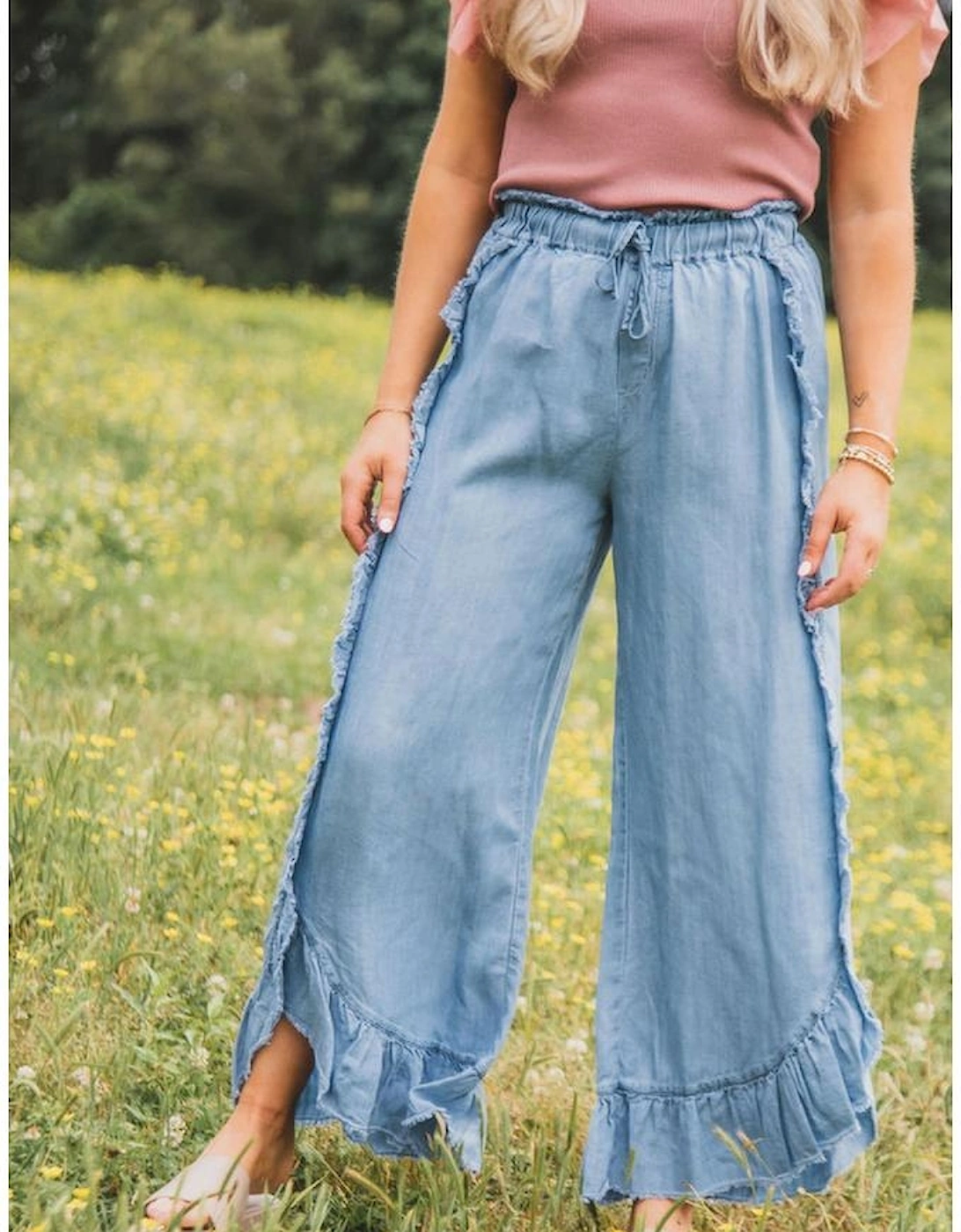 Myosotis Light Wash Raw Hem Ruffled Wide Leg Jeans