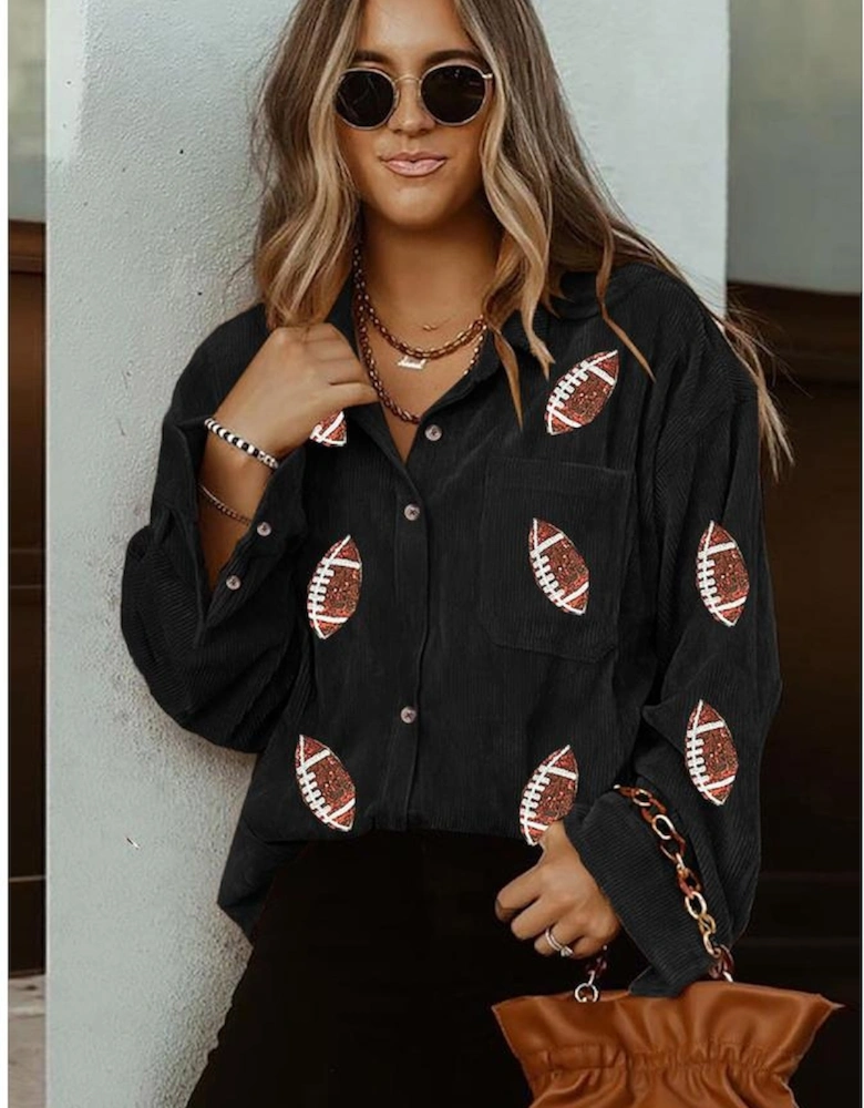 Black Sequin Rugby Pattern Buttoned Corduroy Shacket