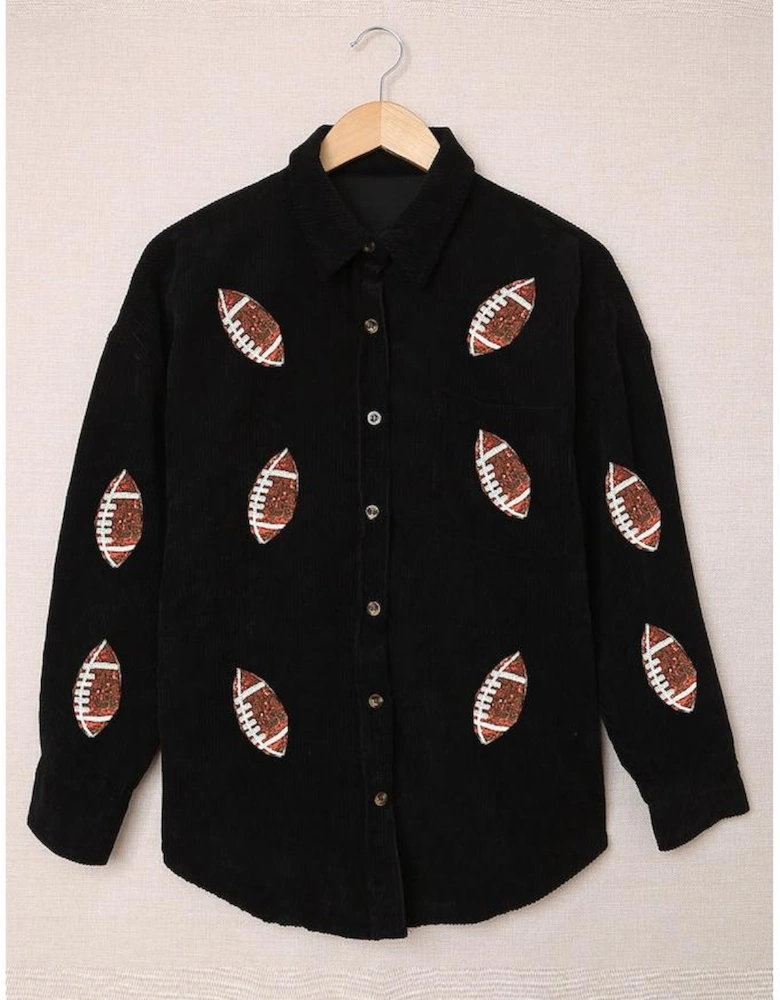 Black Sequin Rugby Pattern Buttoned Corduroy Shacket