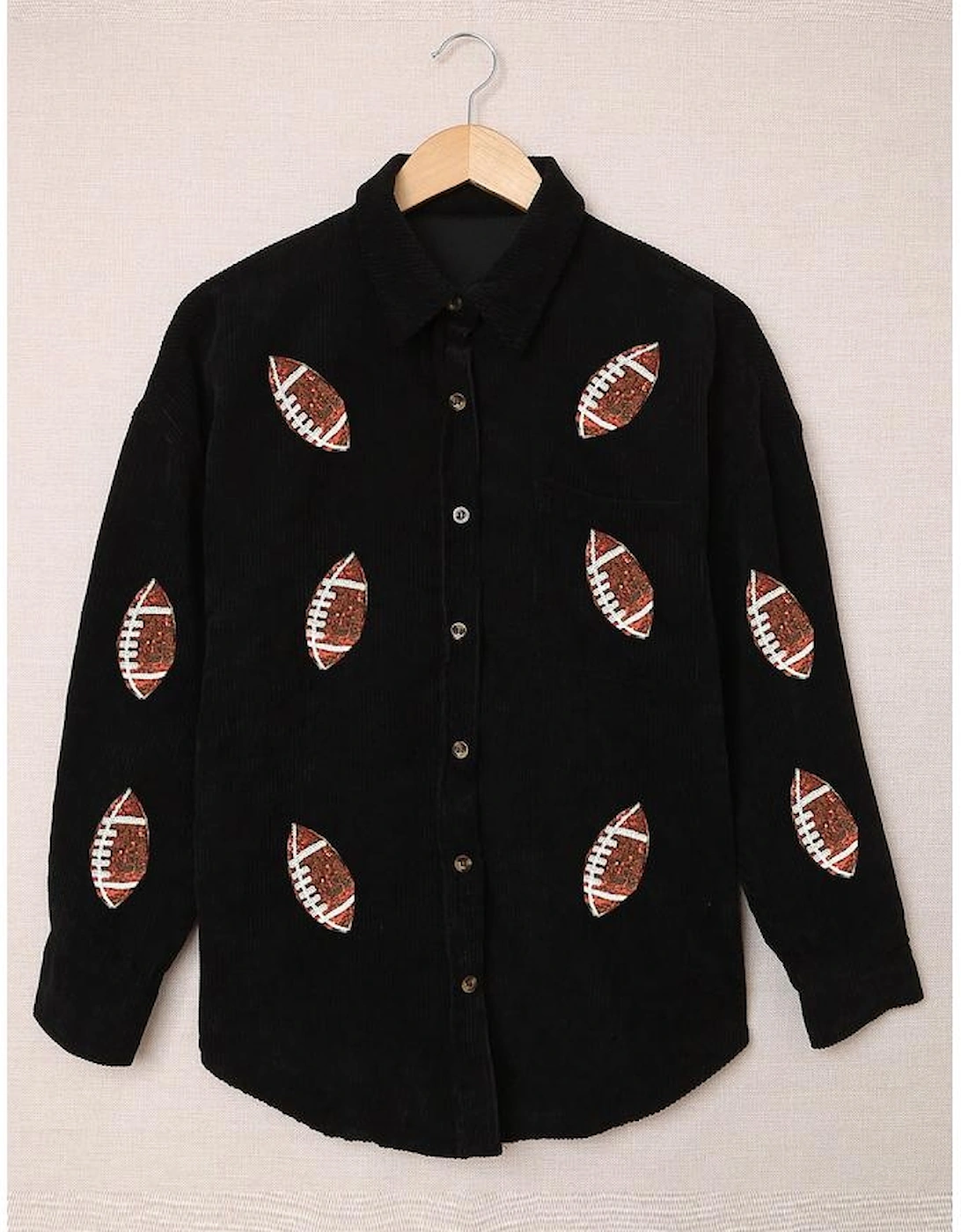Black Sequin Rugby Pattern Buttoned Corduroy Shacket