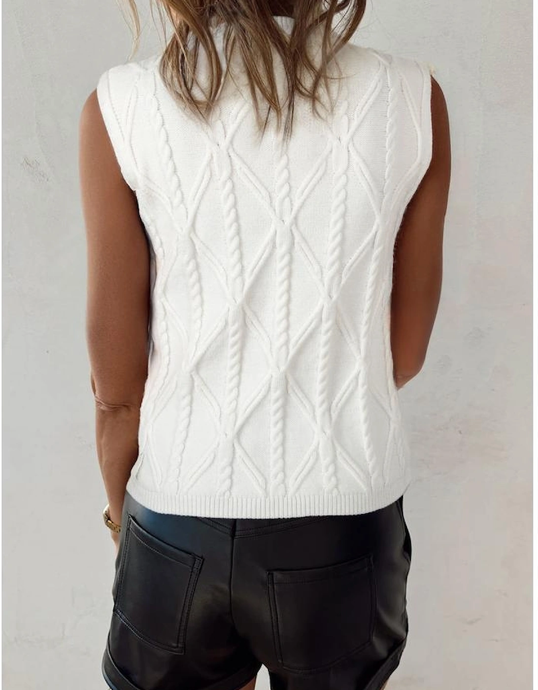 White Pearled High Neck Textured Knit Sweater Vest, 10 of 9
