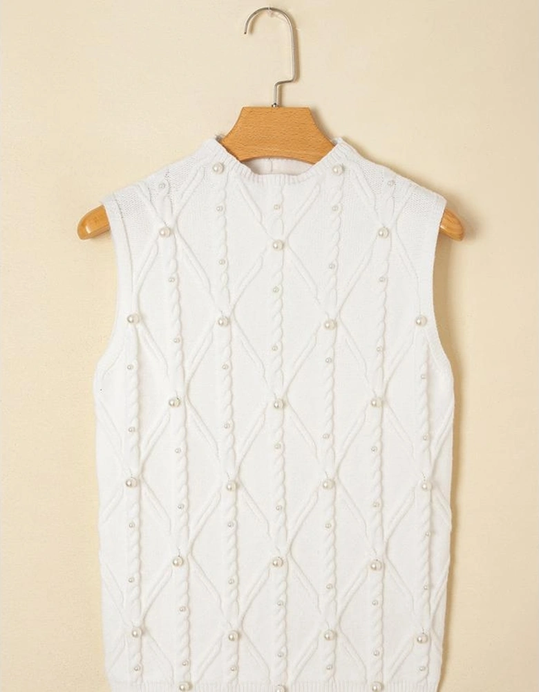White Pearled High Neck Textured Knit Sweater Vest