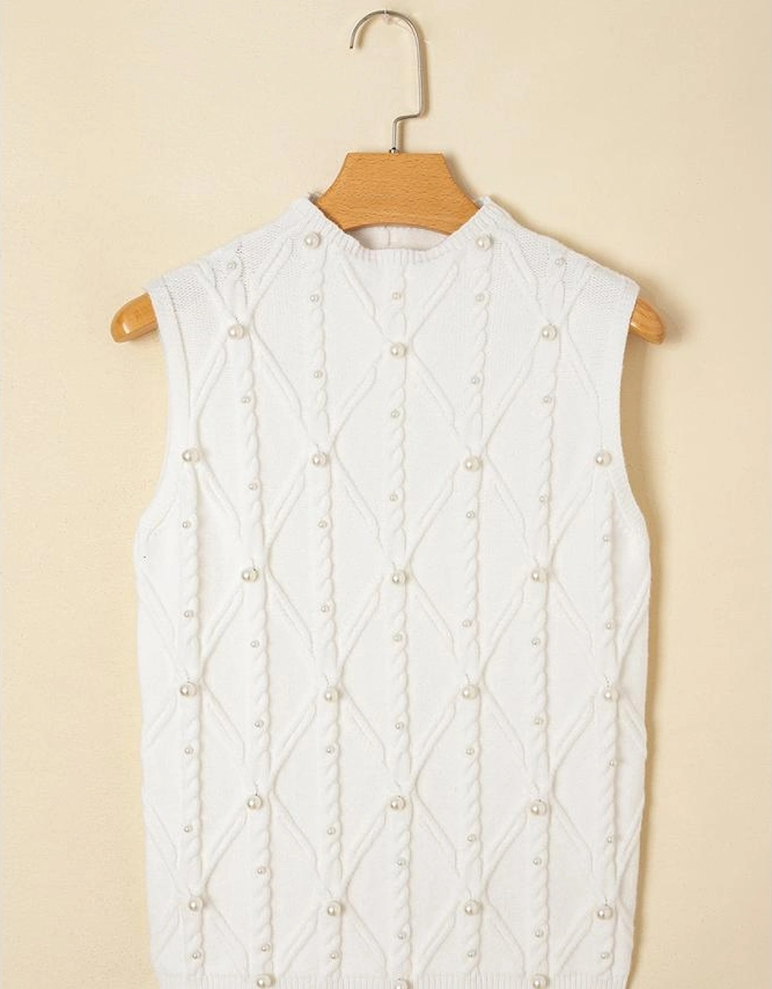 White Pearled High Neck Textured Knit Sweater Vest