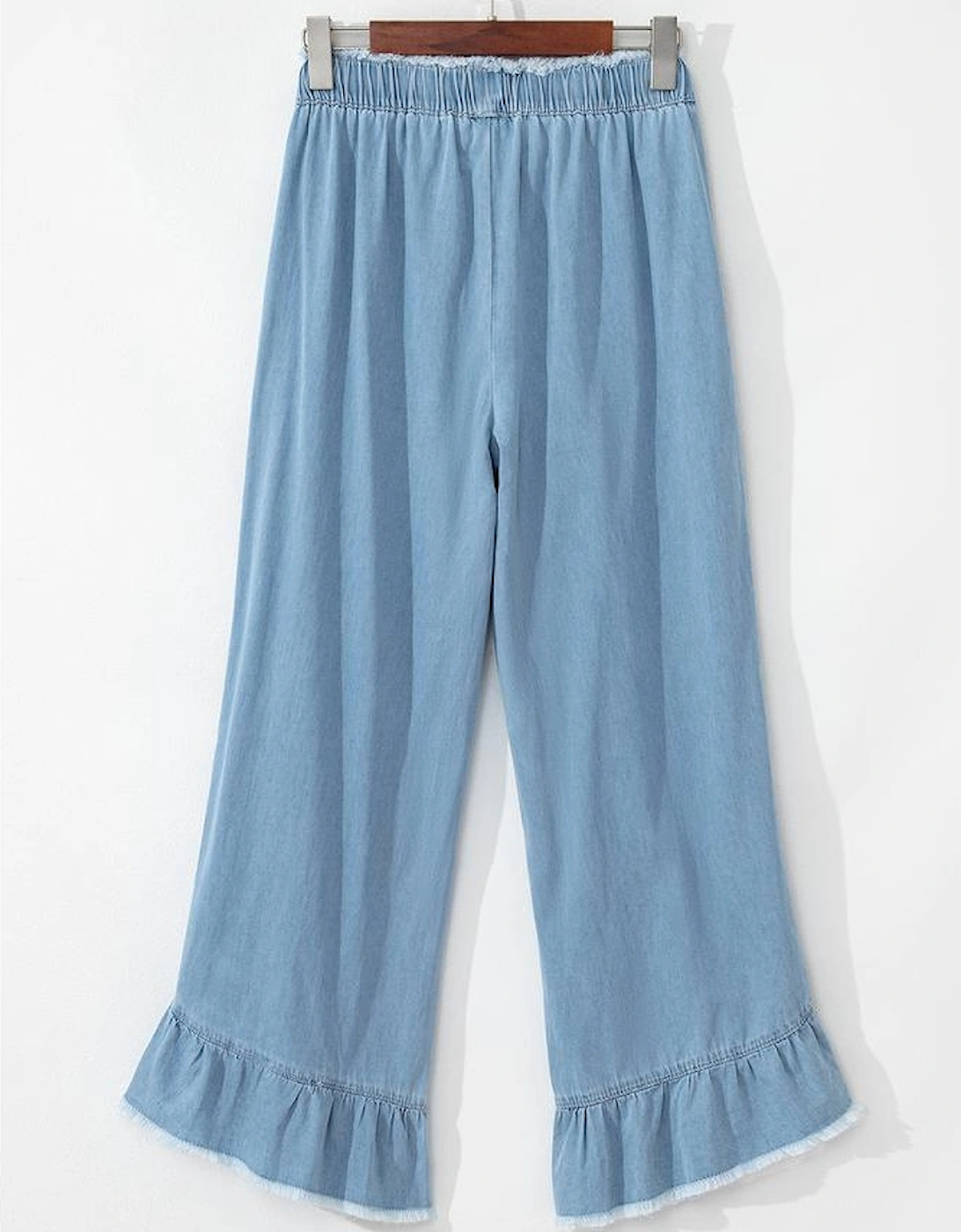 Myosotis Light Wash Raw Hem Ruffled Wide Leg Jeans
