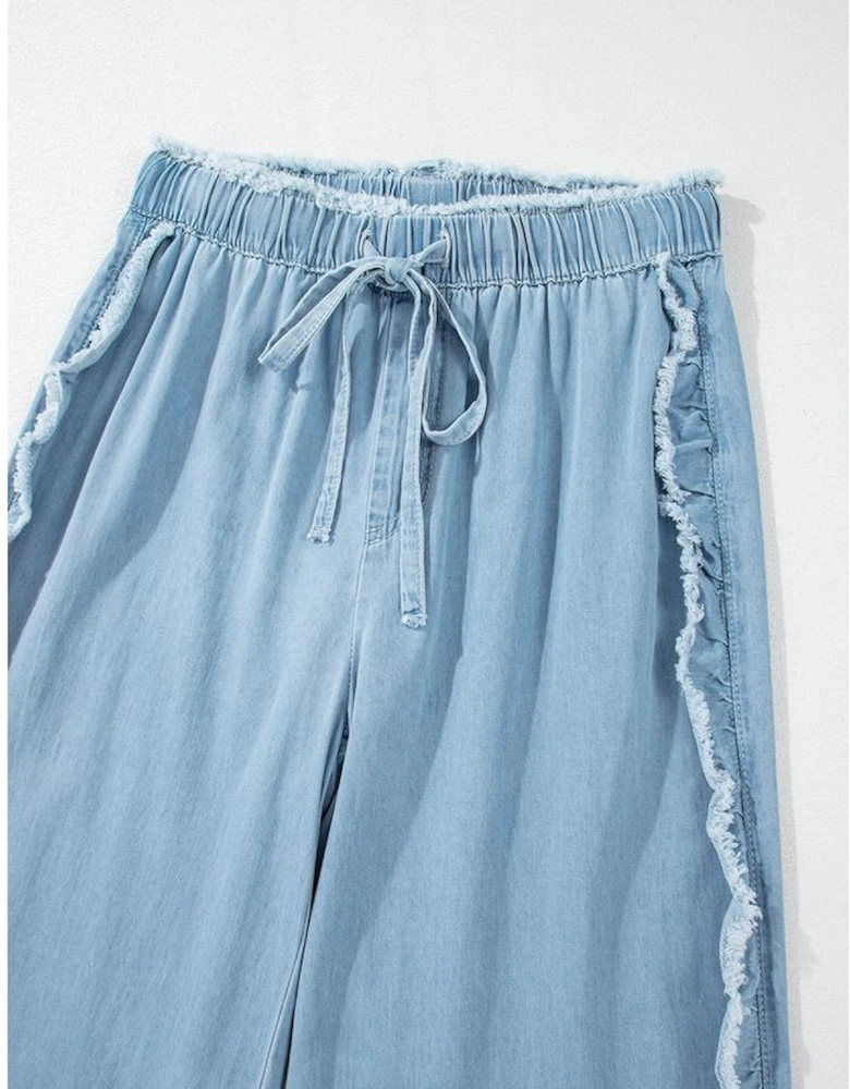 Myosotis Light Wash Raw Hem Ruffled Wide Leg Jeans