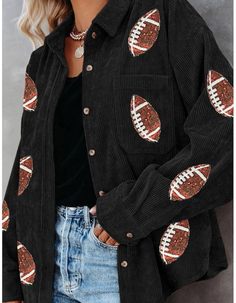 Black Sequin Rugby Pattern Buttoned Corduroy Shacket