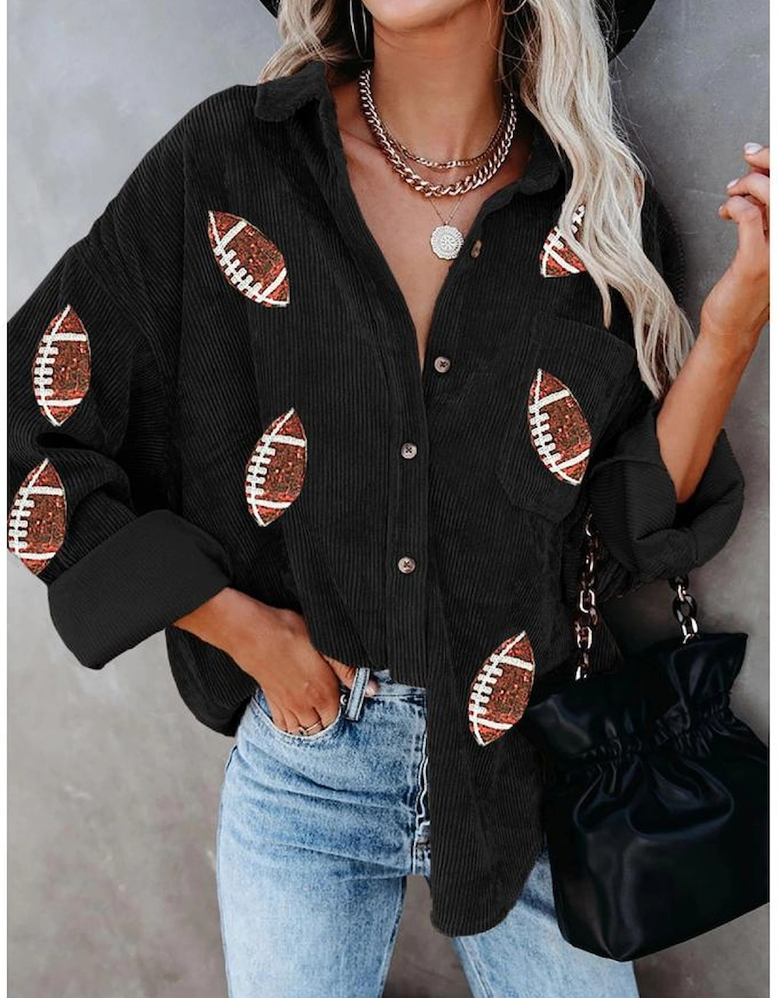 Black Sequin Rugby Pattern Buttoned Corduroy Shacket, 5 of 4