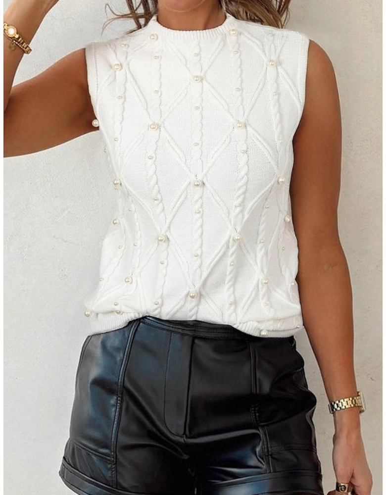 White Pearled High Neck Textured Knit Sweater Vest