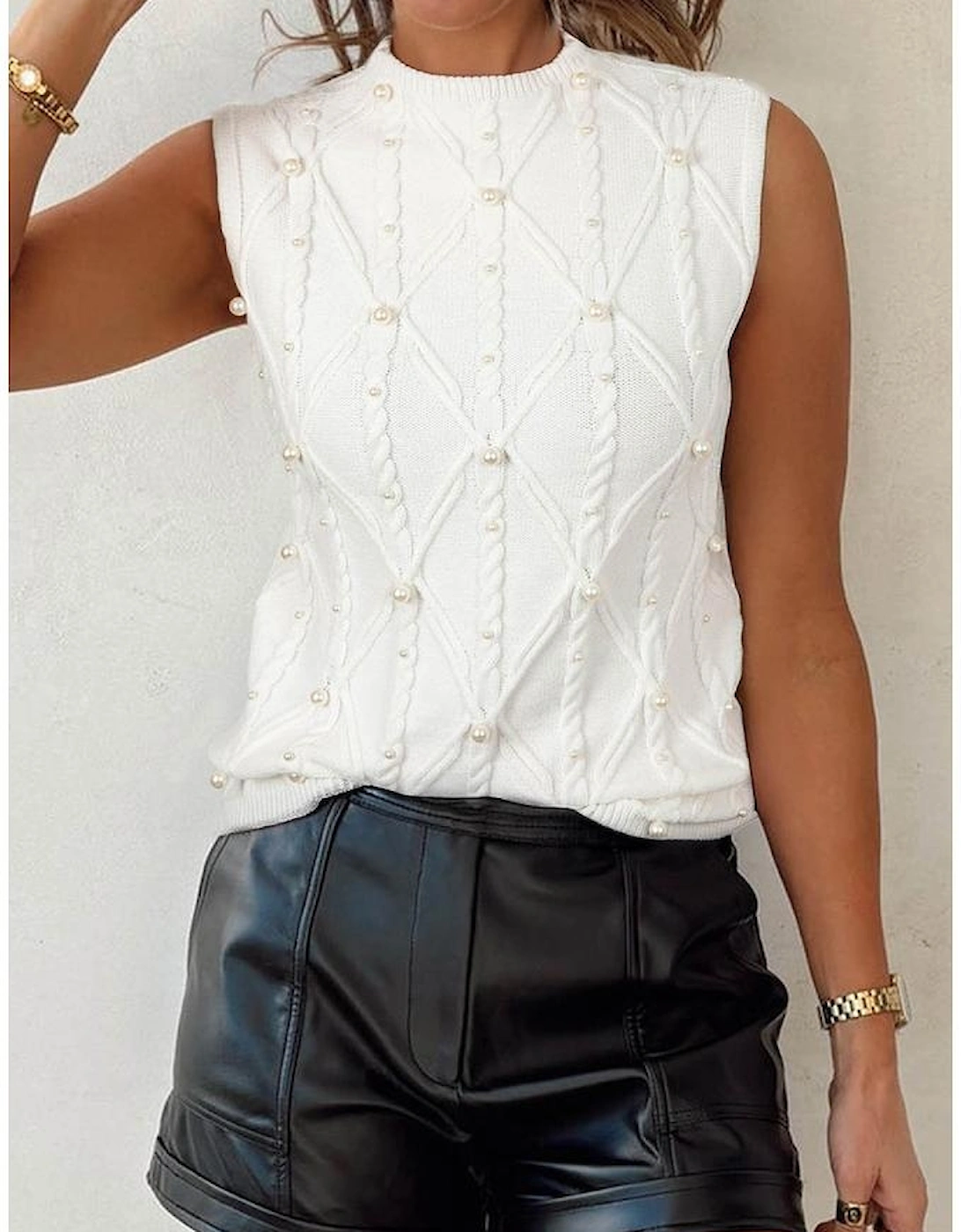 White Pearled High Neck Textured Knit Sweater Vest