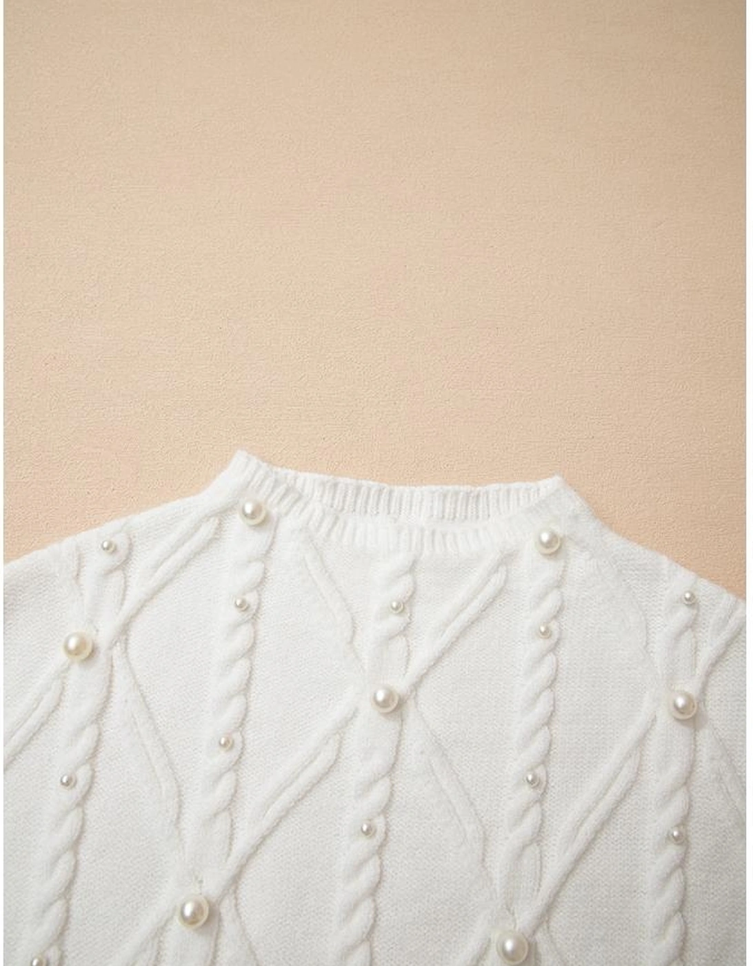 White Pearled High Neck Textured Knit Sweater Vest