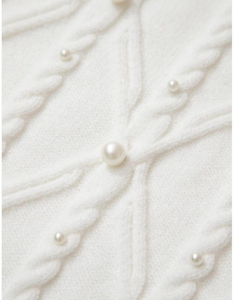 White Pearled High Neck Textured Knit Sweater Vest