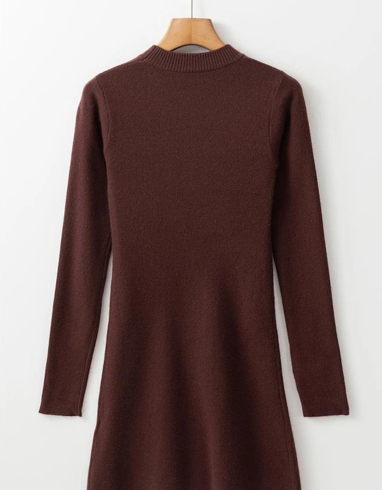 Coffee Slim Fit Mock Neck Side Slit Sweater Dress