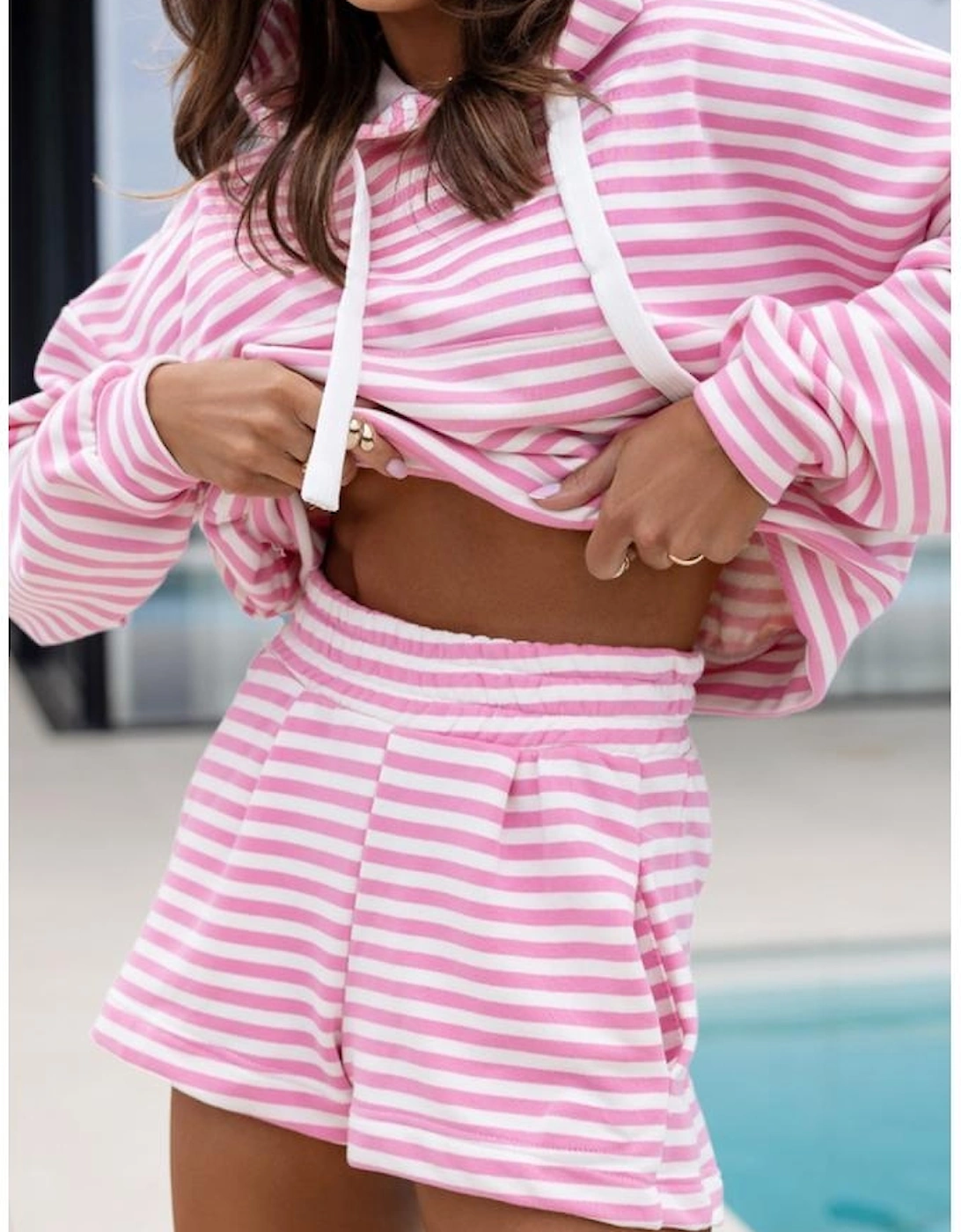 Pink Stripe Kangaroo Pocket Hoodie and Wide Leg Shorts Set