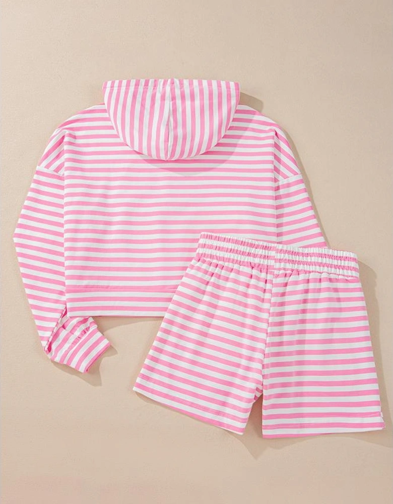 Pink Stripe Kangaroo Pocket Hoodie and Wide Leg Shorts Set